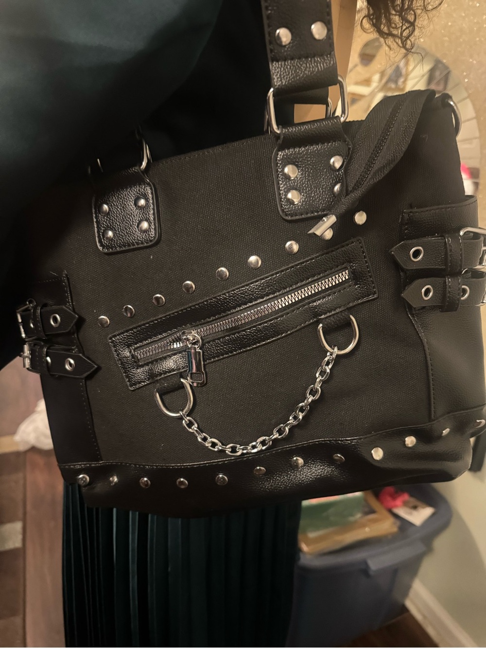 Black Studded Canvas Tote with Chain Accent - Picture 3 of 6